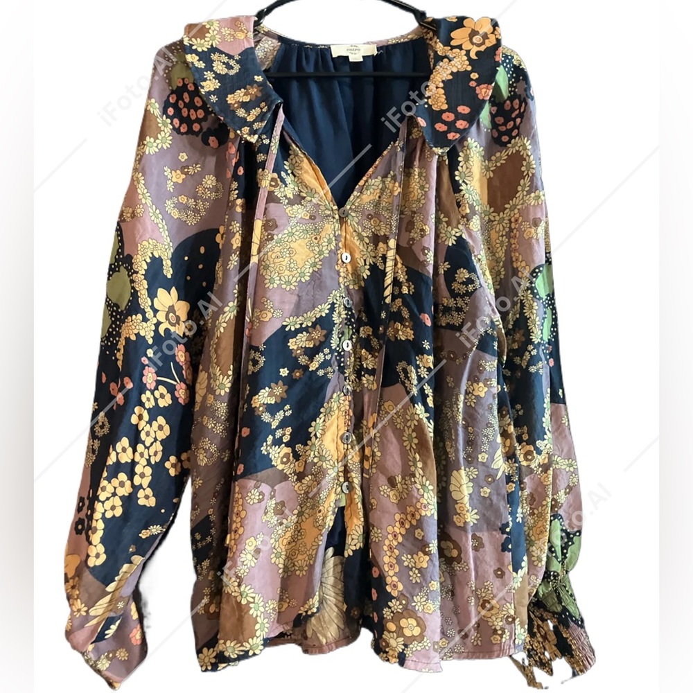NWOT Women’s Lined Retro Daisy Chain Floral Entro Brand Blouse w/Collar -Size L